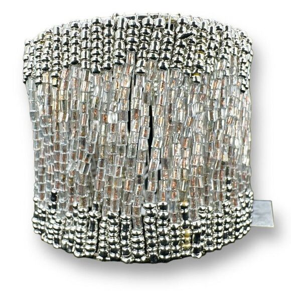 NWT Buckle Beaded Wide Cuff Fashion Bracelet Over Silver Tone - Picture 4 of 7